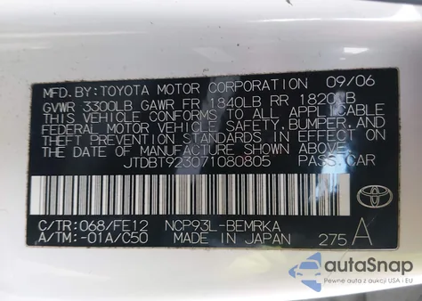 2007 Toyota Yaris z USA, uszkodzony, nr VIN JTDBT923071080805